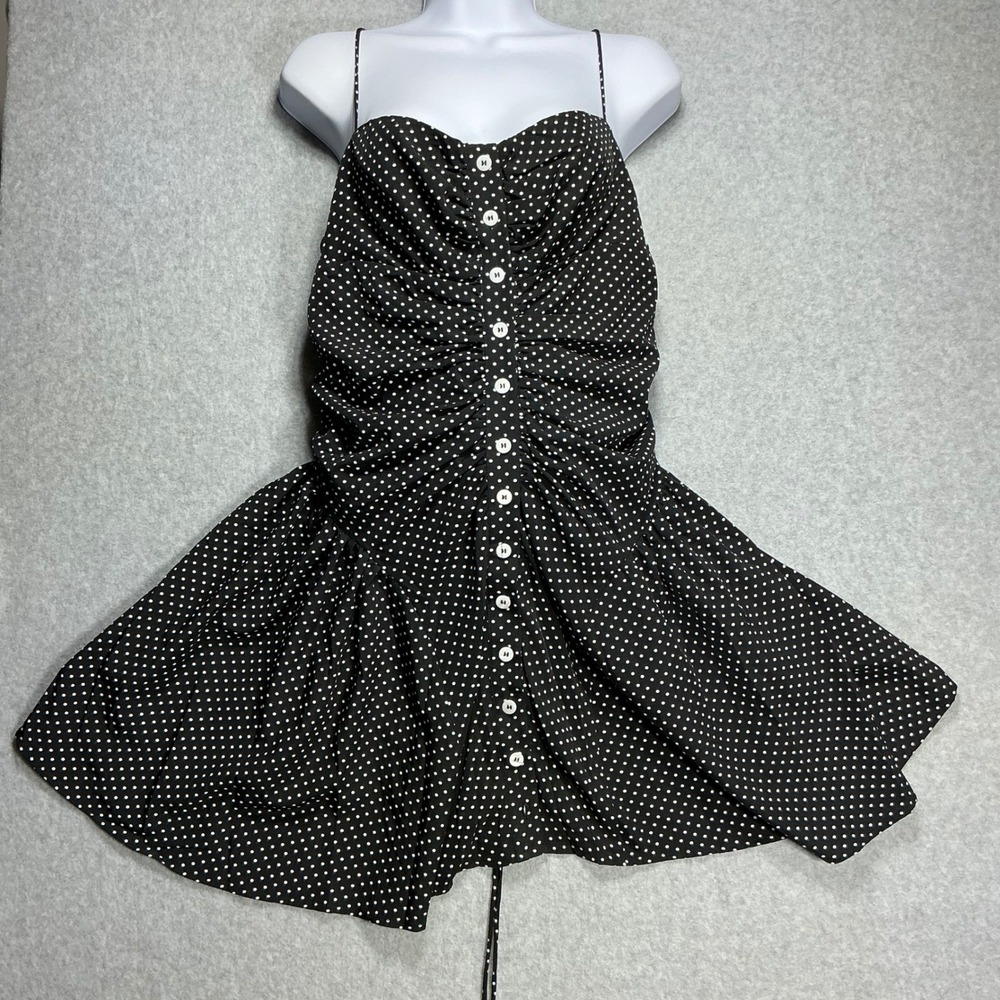Commense Polka Dot Ruched Mini Dress Black White Spaghetti Strap XL NWT